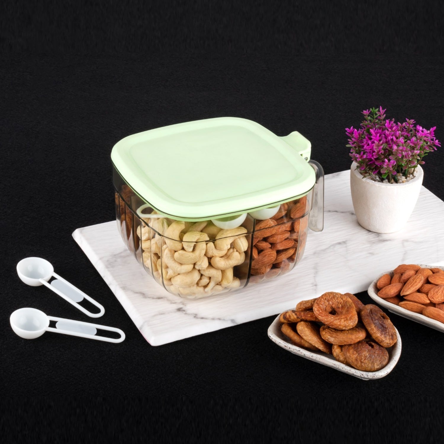 5784  Multipurpose Dry fruit Set, Chocolate, Snacks Storage Box, Masala Box  for Home and Kitchen Airtight Dry Fruit Plastic Storage Container Tray Set With Lid & 4 Compartment, 4 Spoon Container for Sweets,Chips,Cookies | (1 Pc )