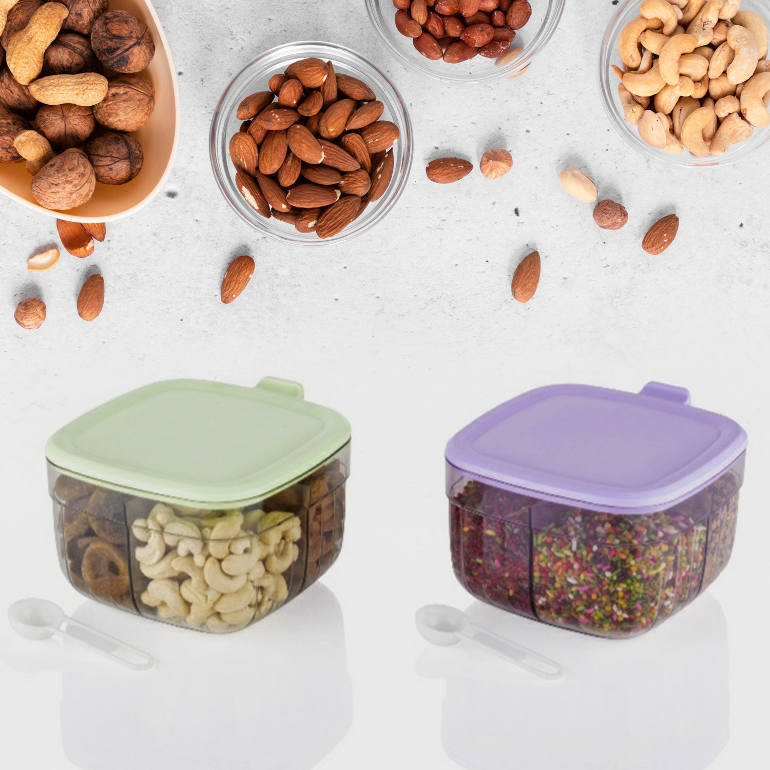 5784  Multipurpose Dry fruit Set, Chocolate, Snacks Storage Box, Masala Box  for Home and Kitchen Airtight Dry Fruit Plastic Storage Container Tray Set With Lid & 4 Compartment, 4 Spoon Container for Sweets,Chips,Cookies | (1 Pc )