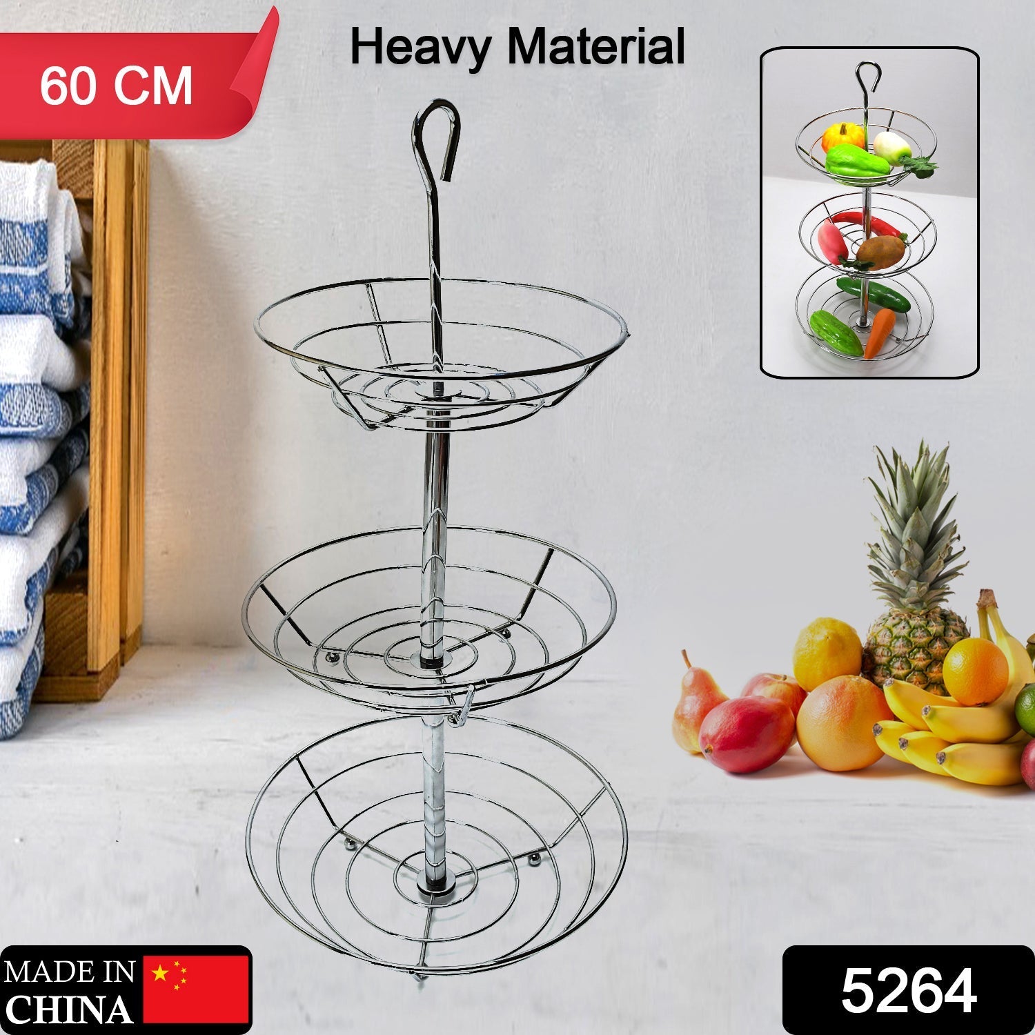 5264 3Tier Fruit Basket, Wire Fruit Bowl or Produce Holder Three Tier Fruit Basket Stand for Storing & Organizing Vegetables, Eggs, etc DeoDap