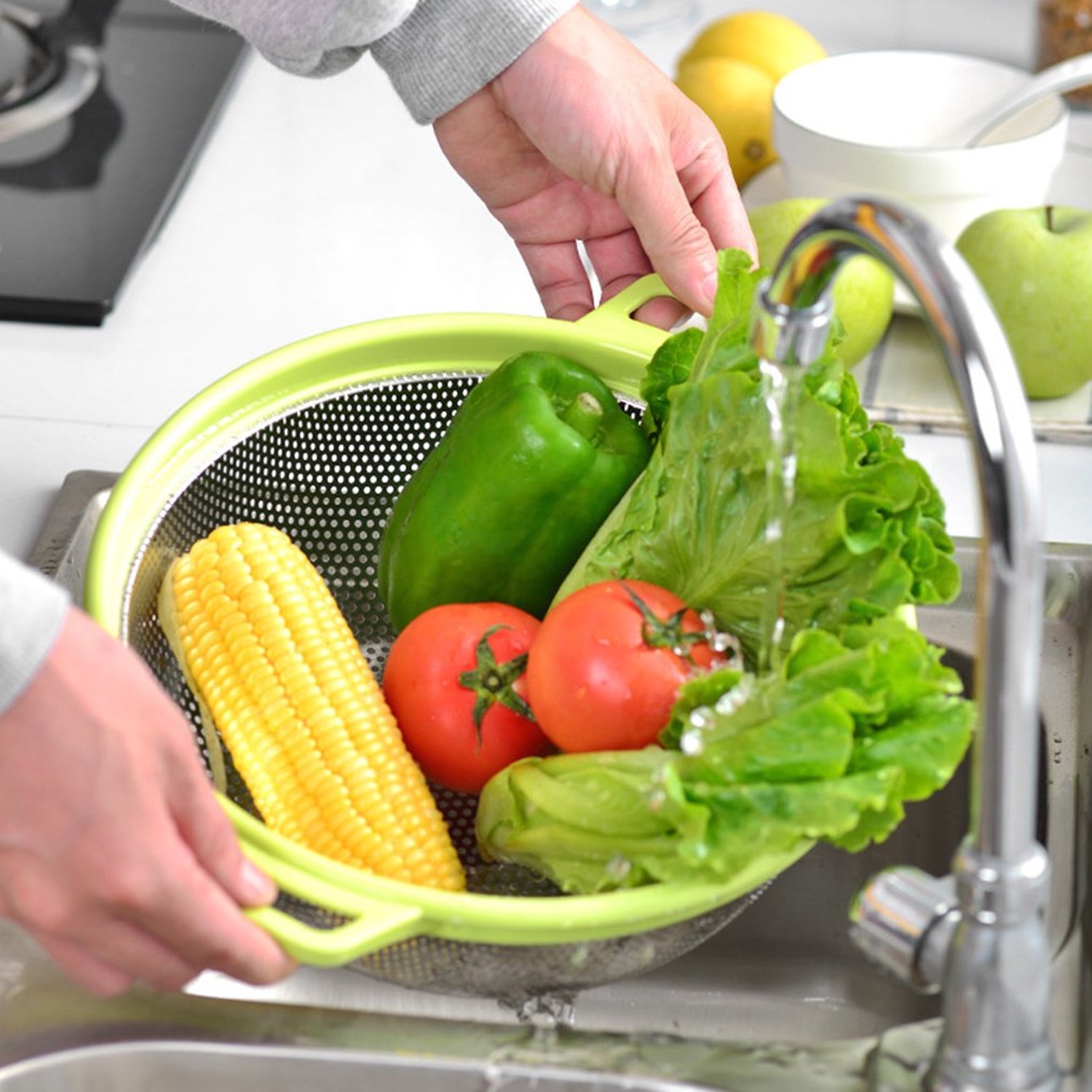 7145 Stainless Steel Colander with Handle, Large Metal Green Strainer for Pasta, Spaghetti, Berry, Veggies, Fruits,  Kitchen Food Colander, Dishwasher Safe