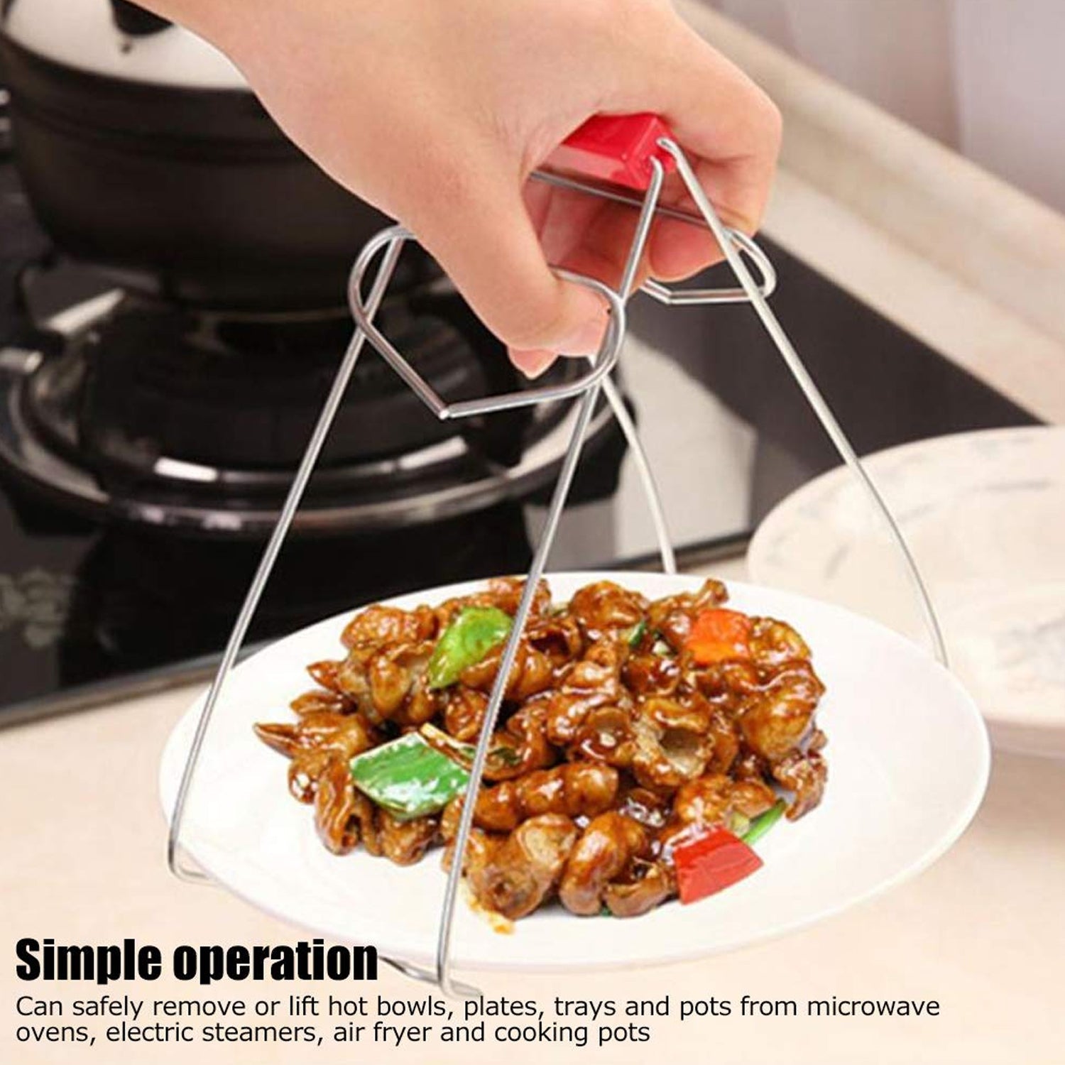 5737 Kitchen Tongs Stainless Steel Pot Pan Gripper Clip Red Handle Take Bowl Clip Gripper Multi-Purpose Bowl Kitchen Accessories Kitchen Tongs Stainless Steel For Restaurants for Kitchen