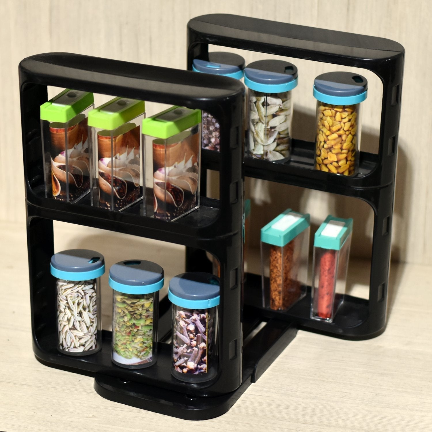 2621 Cabinet Caddy, Modular Rotating Spice Rack Multi-functional Organizer Rack Two 2-Tiered Shelves with Base DeoDap