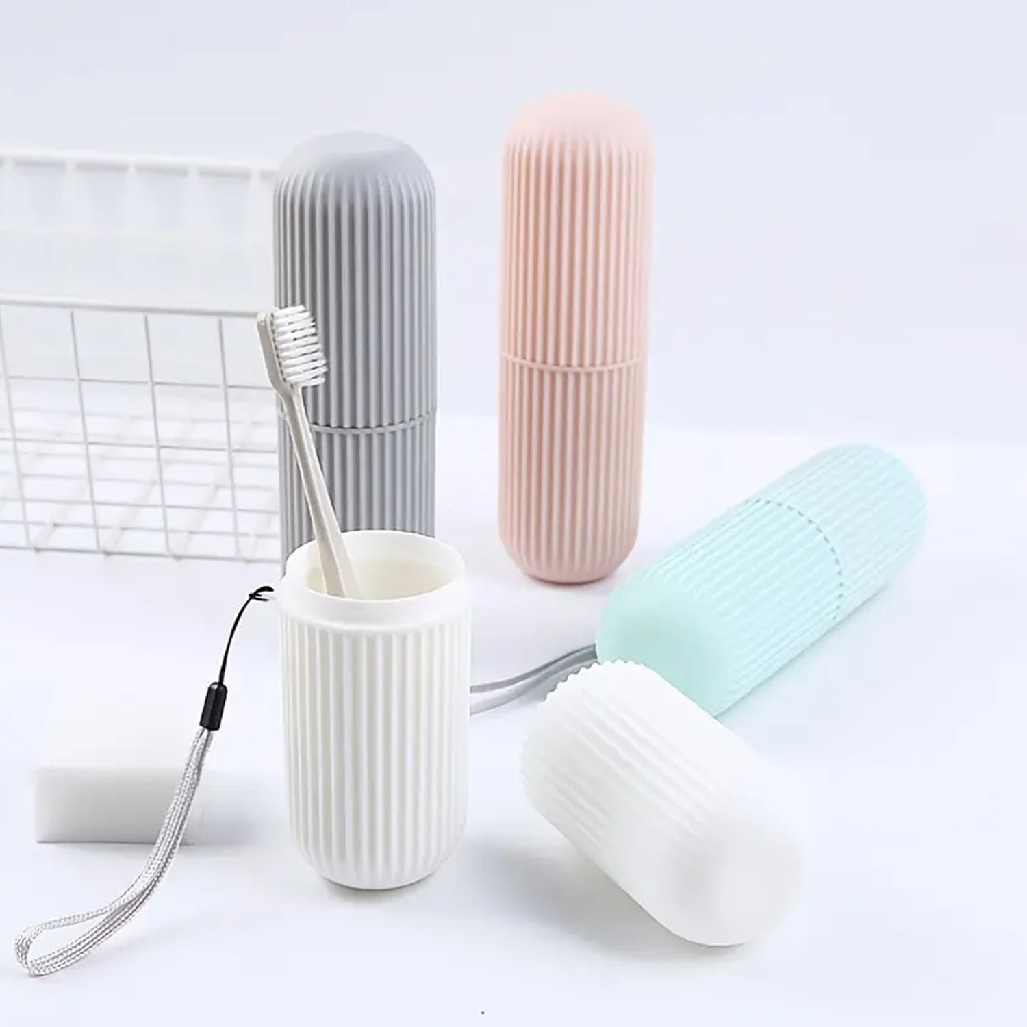 0308 Travel Toothbrush Holder, Portable Toothbrush Case for Traveling, Camping, Capsule Shape Travel Toothbrush Toothpaste Case Holder Portable Toothbrush Storage Plastic Toothbrush Holder With Rope and Brush