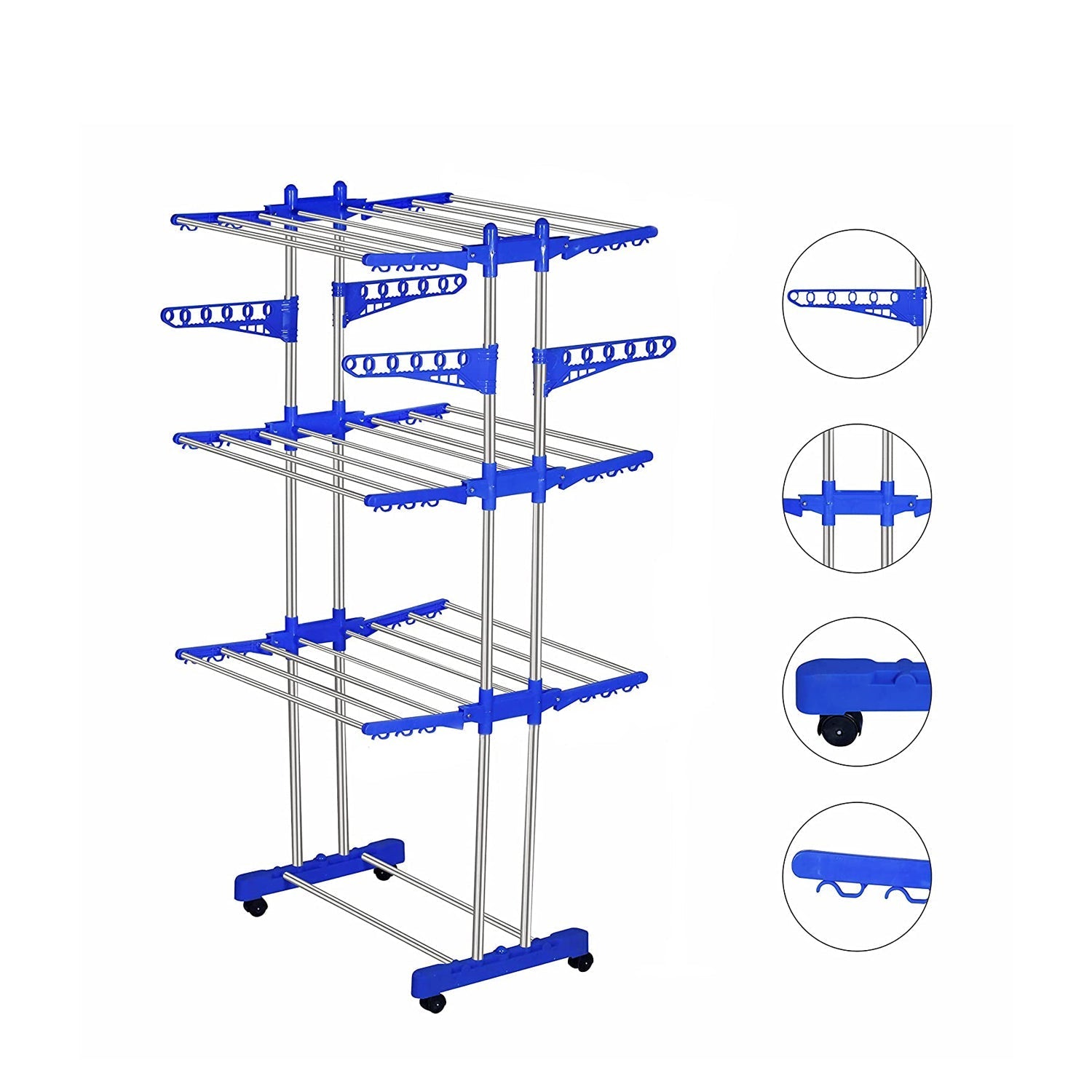 0695 Stainless Steel Folding Double Supported 3 Layer Cloth Drying Stand Laundry Dryer Hanger with Breaking Wheels for Balcony Indoor and Outdoor Home, Steel