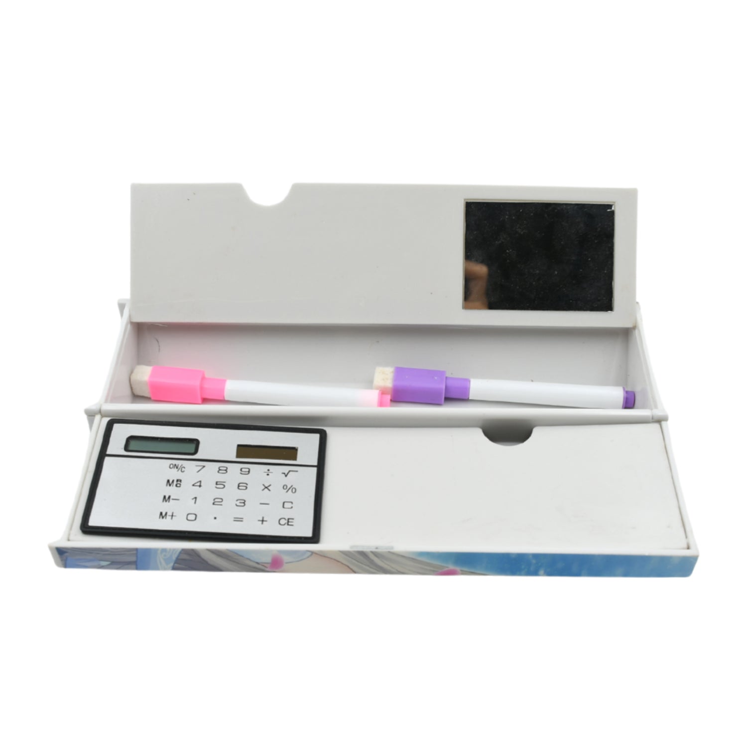 17609 12 in 1 Compass Box, Geometry Box 2 Compartment, Pencil Box with 1 Calculator, 1 Mirror, Pen Refill 2 Black, 2 Blue, 2 Red, 2 Marker for Boys Art Plastic Pencil Box for Girls and Boys