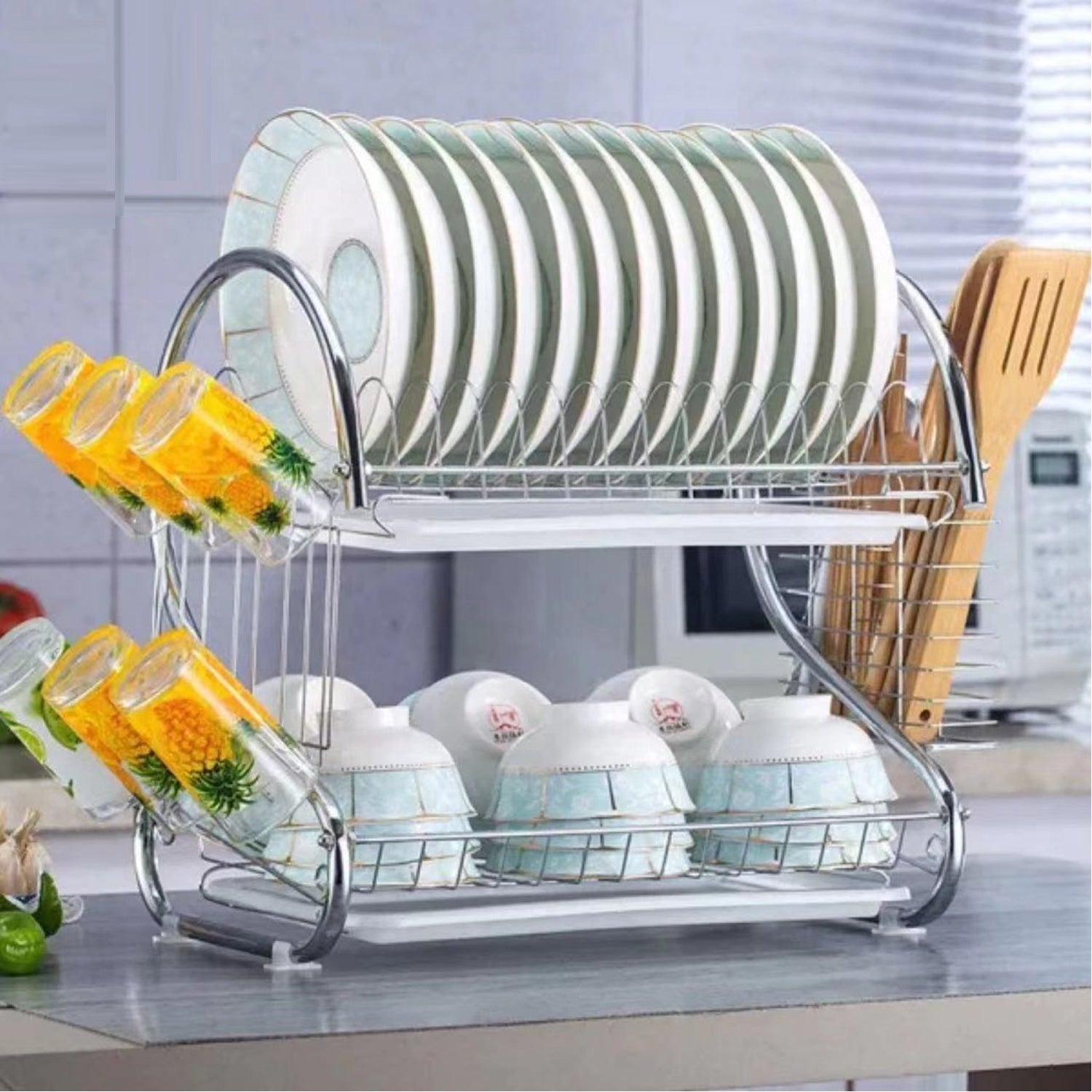 2962 Stainless Steel 2 Layer Kitchen Dish Rack/Plate Cutlery Stand DeoDap