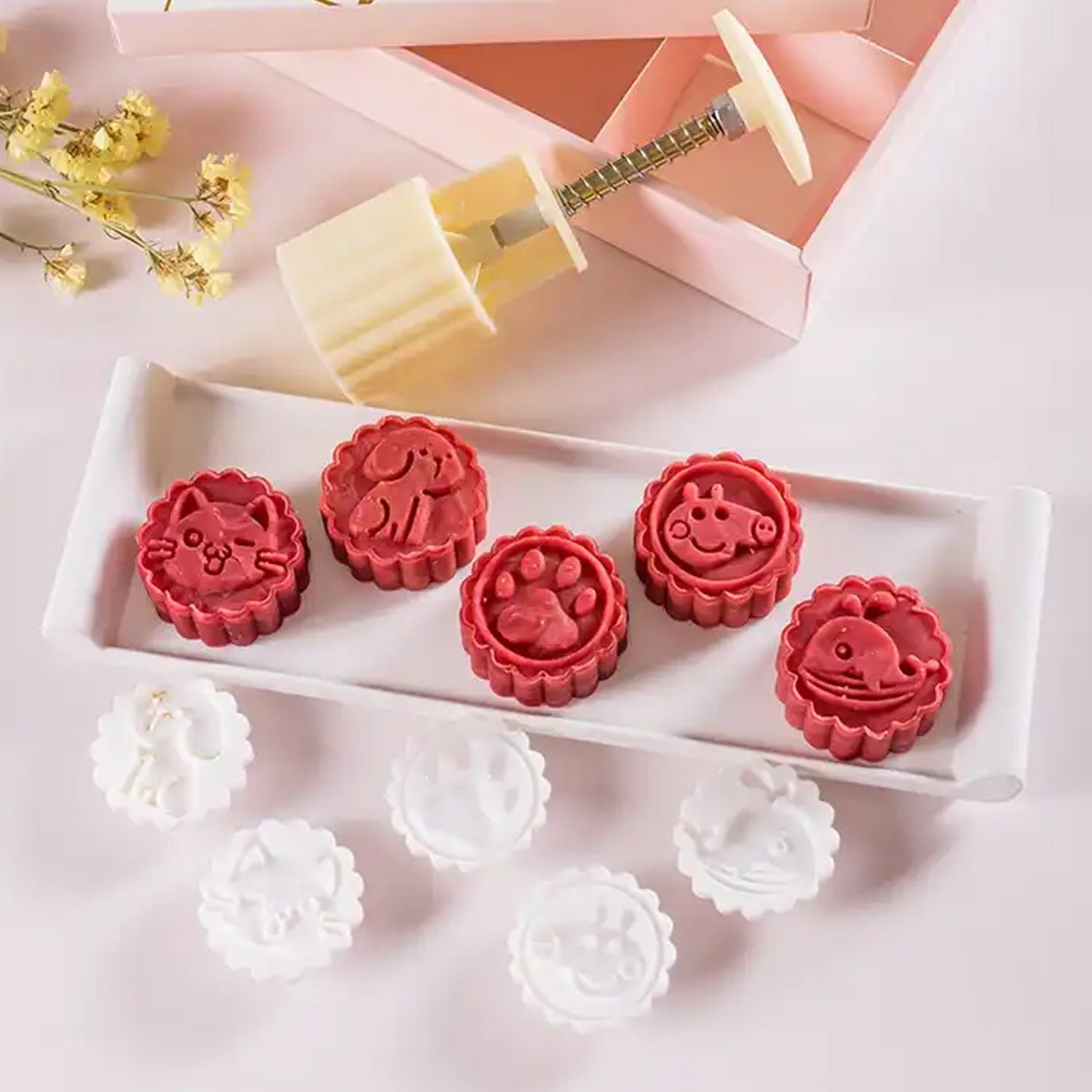 5471 Mooncake Mold with 6 Stamps, Flowers Design Cookie Stamp Moon Cake Mold Stamps - Mid Autumn Festival Cookies Cutters - DIY Decoration Mooncake Press Molds