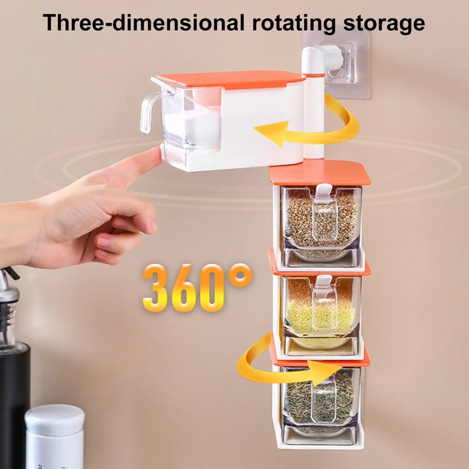 5942 4 Layer Creative Adhesive Wall Hanging Rotary Seasoning Box Condiment Storage Container Kitchen with Spoon Pepper Sugar Spice Jar Rack Food