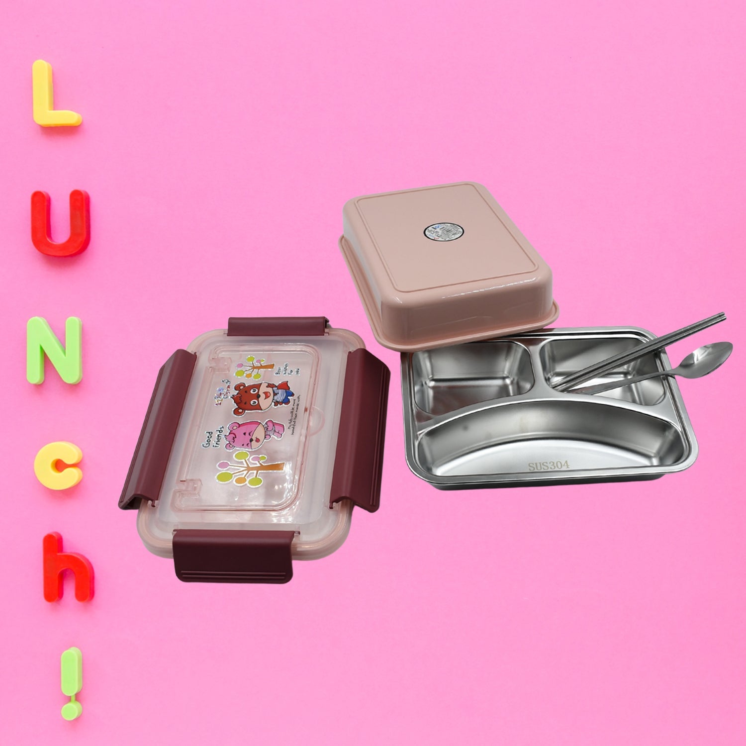 5954 Food‑Safe Materials Kids Lunch Box With steel  Spoon & chopsticks Compartment is Designed Made of 304 Stainless Steel Easy to Clean for School for Camping for Work for Home, Office