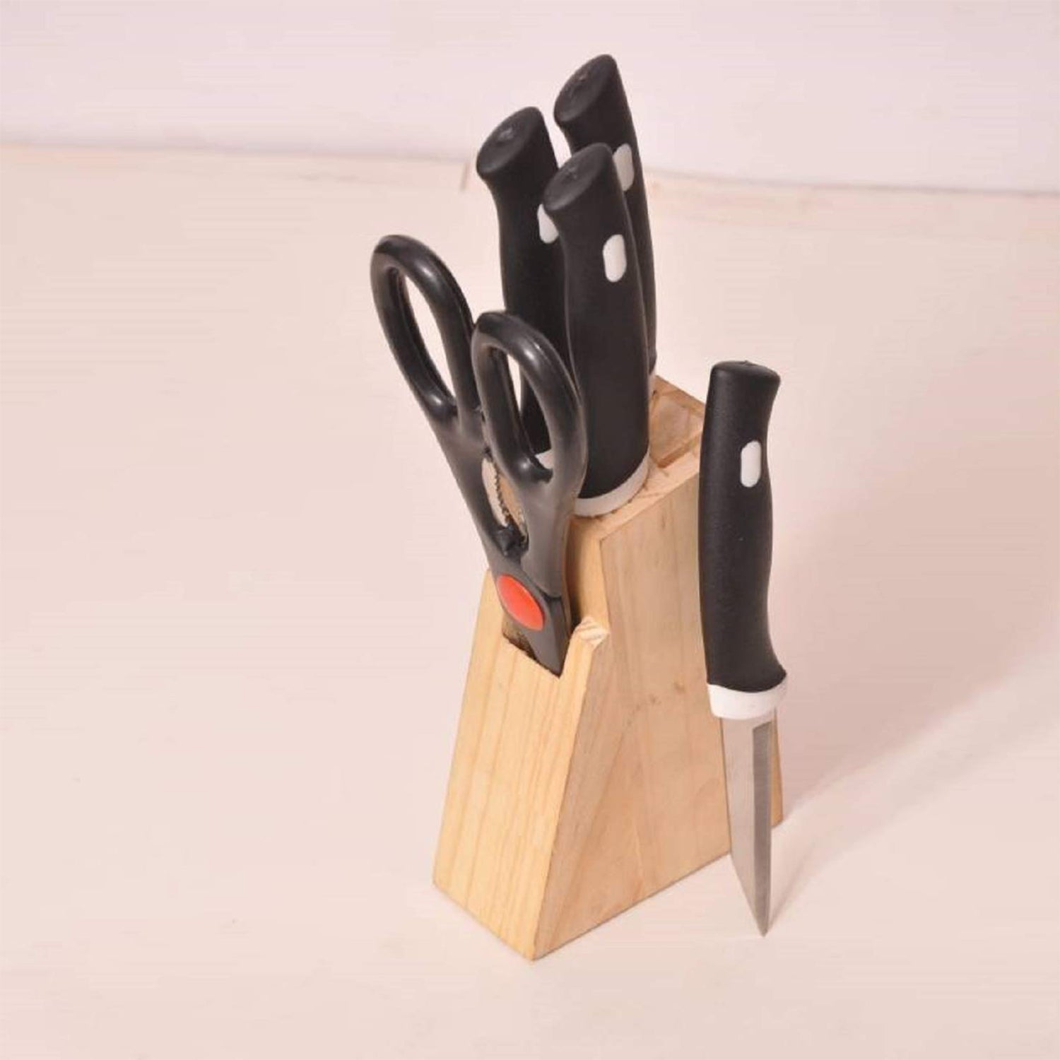 0102 Kitchen Knife Set with Wooden Block and Scissors (5 pcs, Black)