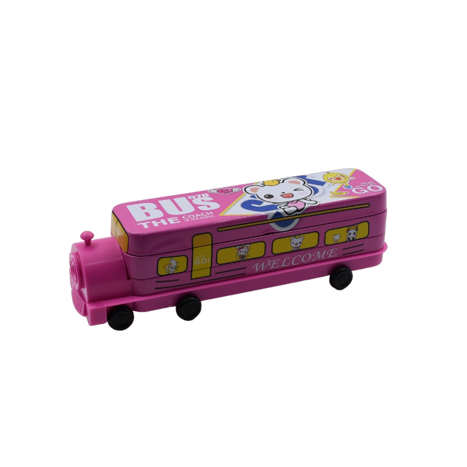 4672  Double Decker Magic Bus Compass 2 Layer Metal Bus Compass Pencil Case with Movable Wheels & Sharpener Bus Shape with Tiers Metal Pencil Box for Kids Birthday Party