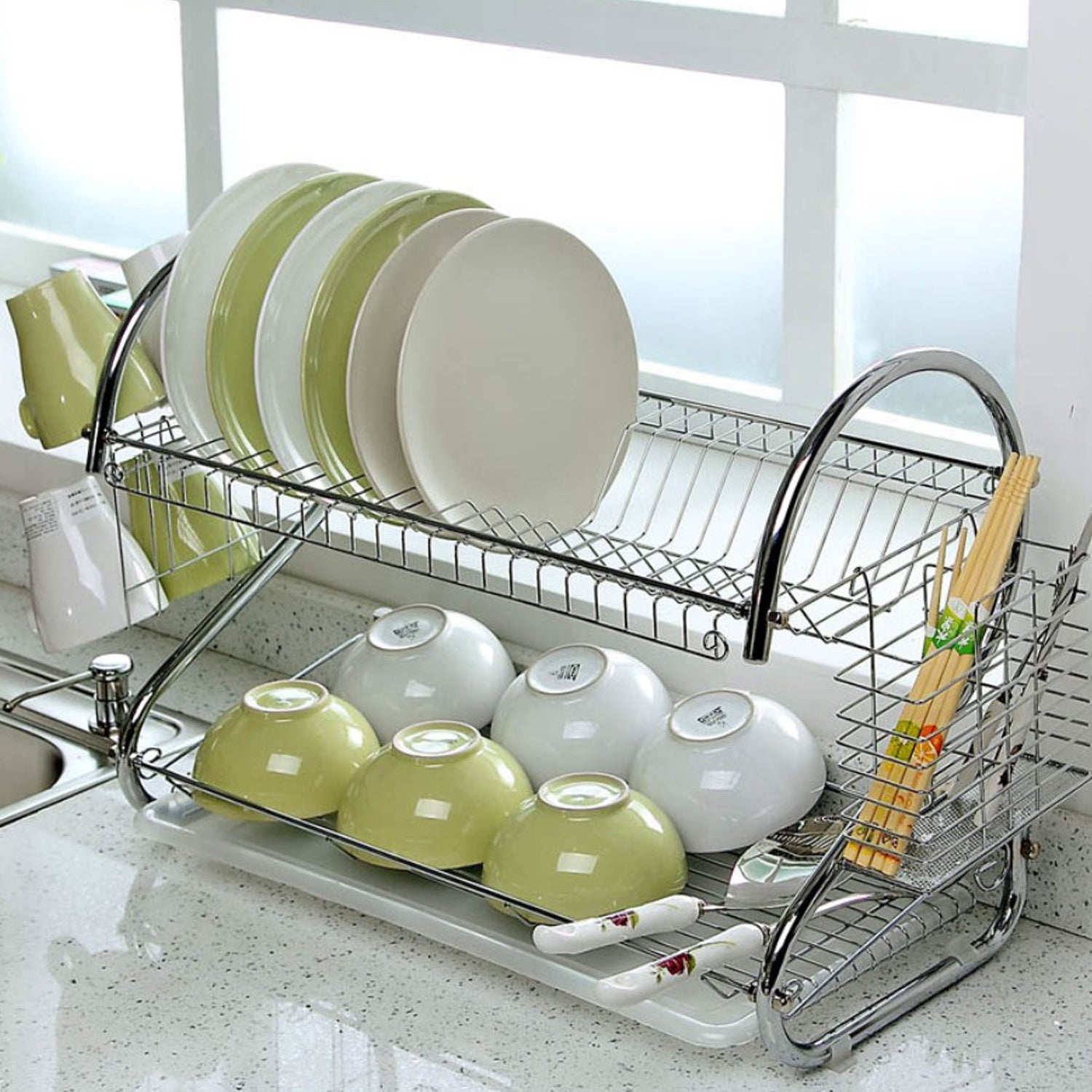 2962 Stainless Steel 2 Layer Kitchen Dish Rack/Plate Cutlery Stand DeoDap