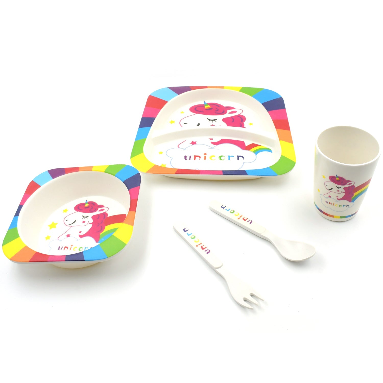 5747  Bamboo Fibre Kids 1 Bowl, 1 Spoon, 1 Fork, 1  Glass, 1 Plate Unicorn Design  for Kids and Toddlers, Childre Dinnerware Set - Feeding Set for Kids, Cartoon Design  Tableware Microwave & Dishwasher Safe (5 Pcs Set)