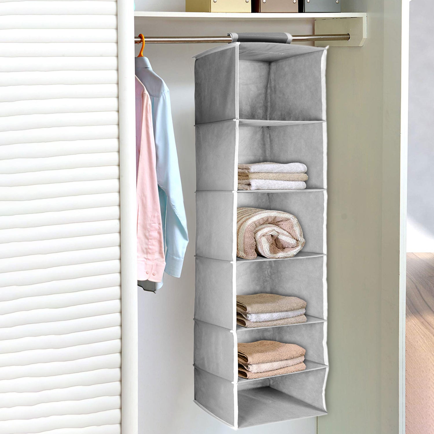 6370  6 Shelf Hanging Closet Organizer, Space Saver, Sweater & Clothing Shelves, Breathable Material Keeps Away Dust & Odors,