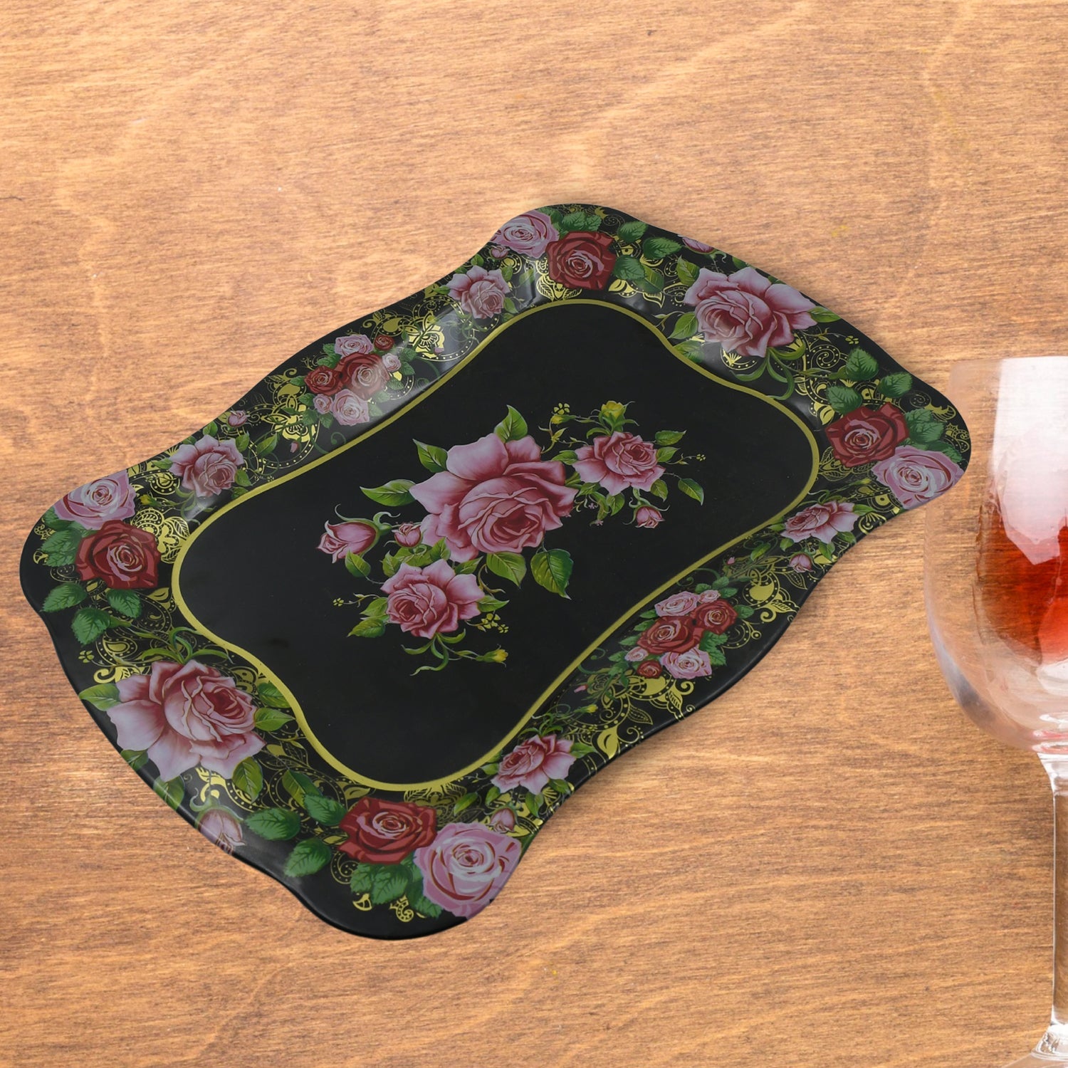 5537 Stainless Steel Serving Tray With Flower Printed Rectangle Premium Dining Table Plate (18 x 8.5 Inch / 1 Pc)