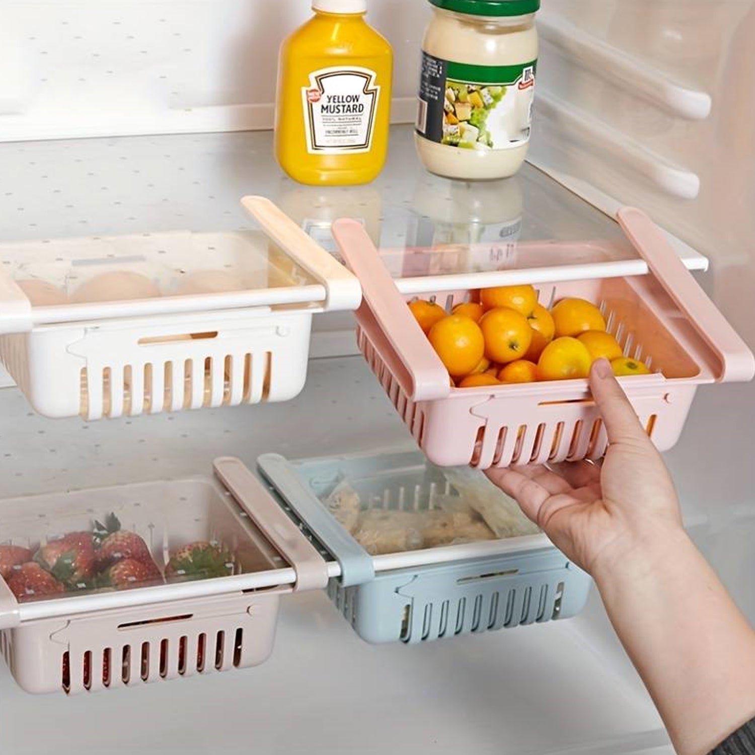 2289 Adjustable Expandable Fridge Storage Basket Multipurpose webline Refrigerator Tool Tray Sliding Drawer Under Shelf Fridge Space Saver Plastic Food Organizer Basket (1 Pc)