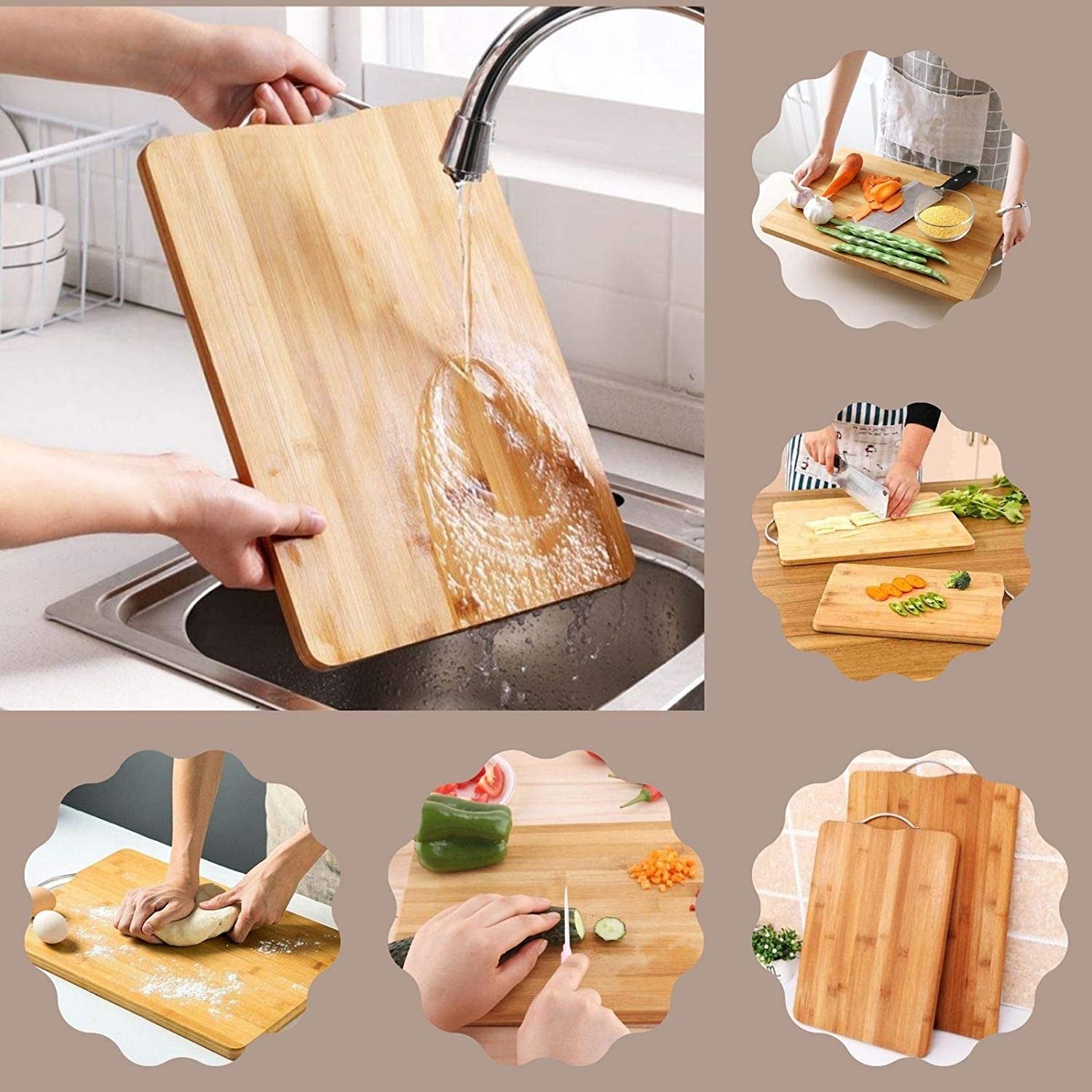 2475A Thick Wooden Bamboo Kitchen Chopping Cutting Slicing Board with Holder for Fruits Vegetables Meat 