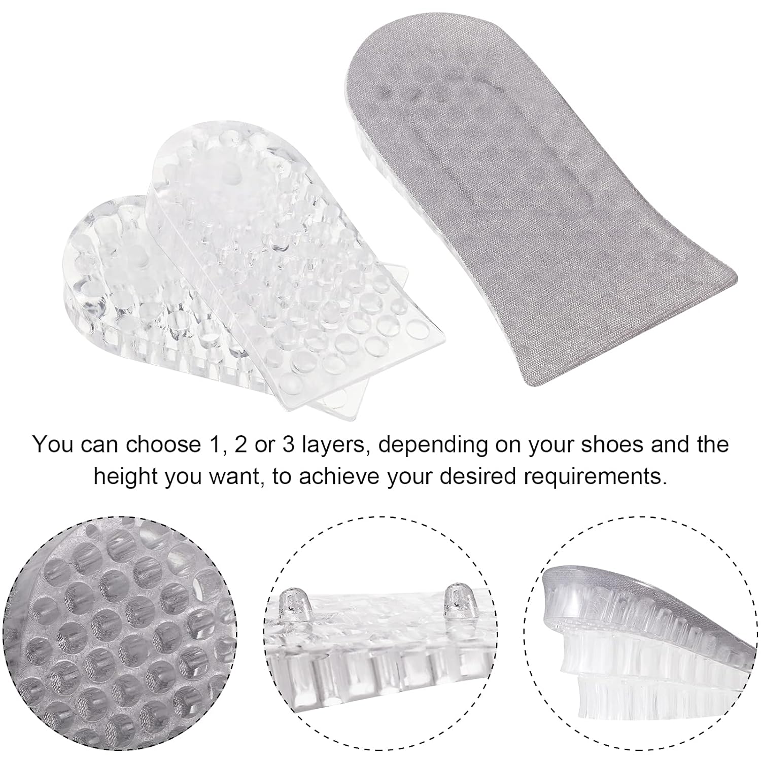 4151 2 Pairs Heel Lift Inserts Height Increase Insole Invisible Heightening Insole Sillicone 3-Layer Heel Support Insoles Height-Adjustable Shoe Pads Foot Cushion for Shoes