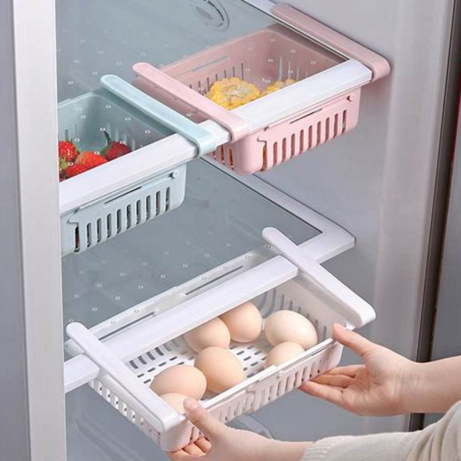 2289 Adjustable Expandable Fridge Storage Basket Multipurpose webline Refrigerator Tool Tray Sliding Drawer Under Shelf Fridge Space Saver Plastic Food Organizer Basket (1 Pc)