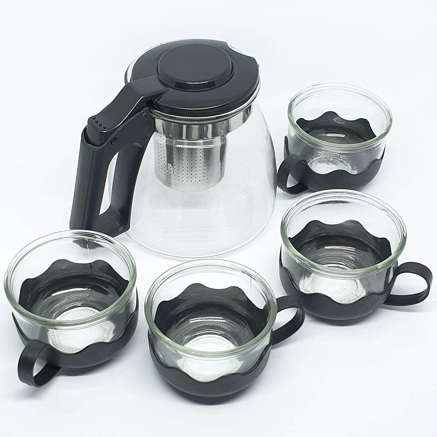 5886 Flame Proof Glass Kettle & Cup  Set With Stainer High Quality Kettle Set For Home & Cafe Use  (4 Cup & 1 Kettle) (24 Pc Moq)