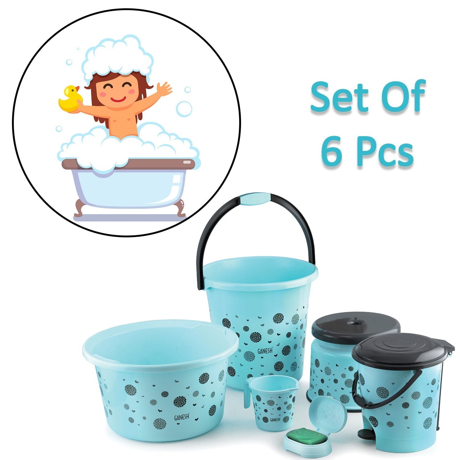 8711 PLASTIC BATHROOM ACCESSORIES SET 6 PCS BATH SET BATHROOM BUCKET WITH DUSTBIN MUG, STOOL, SOAP CASE,TUB DeoDap