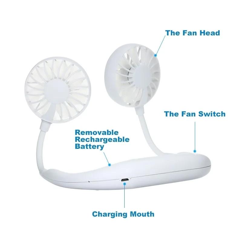 0875 Portable USB Battery Rechargeable Mini Fan - Headphone Design Wearable Neckband Fan