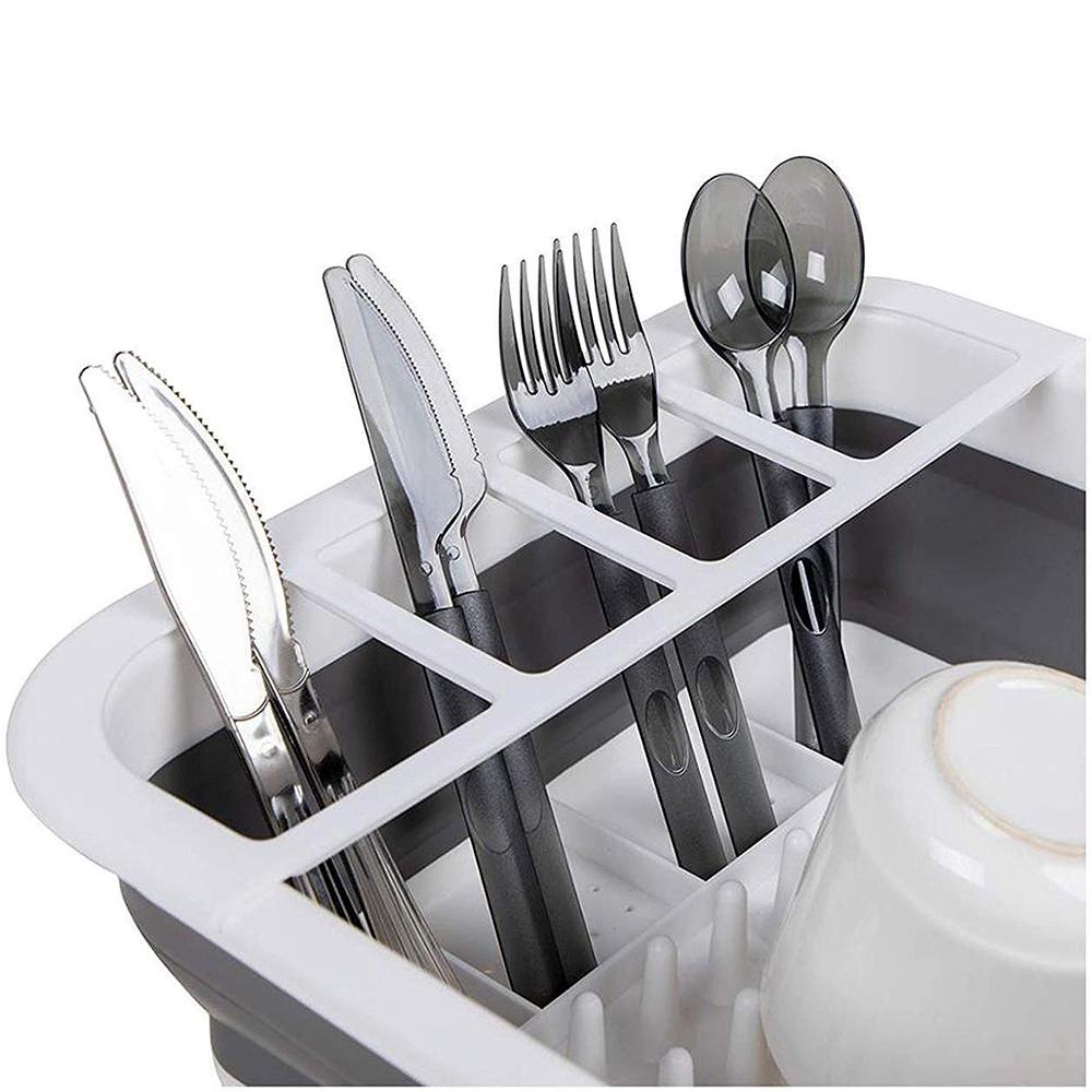 0804A Collapsible Folding Silicone Dish Drying Drainer Rack with Spoon Fork Knife Storage Holder 