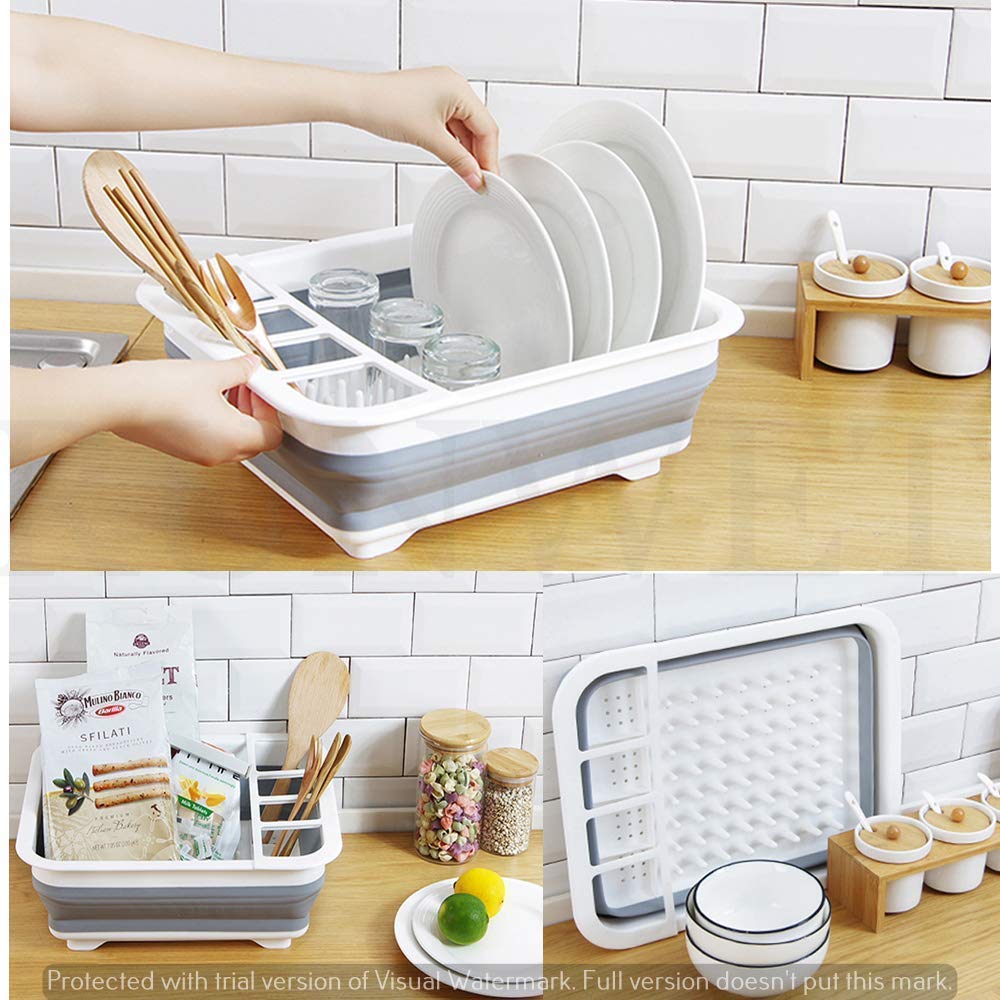 0804 Collapsible Folding Silicone Dish Drying Drainer Rack with Spoon Fork Knife Storage Holder DeoDap