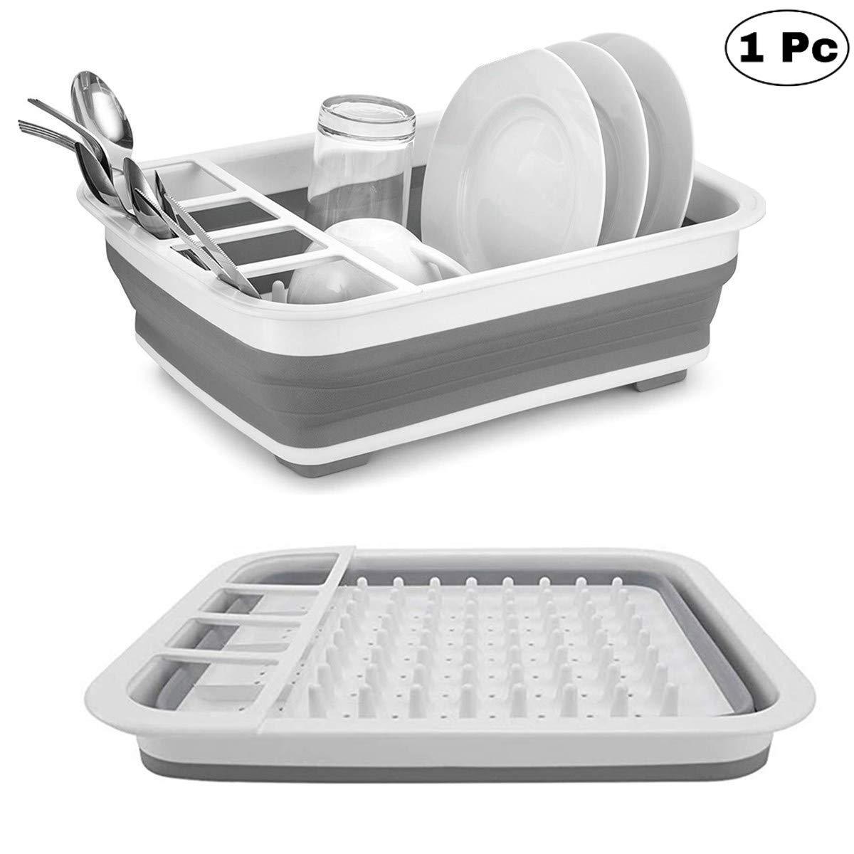 0804 Collapsible Folding Silicone Dish Drying Drainer Rack with Spoon Fork Knife Storage Holder DeoDap