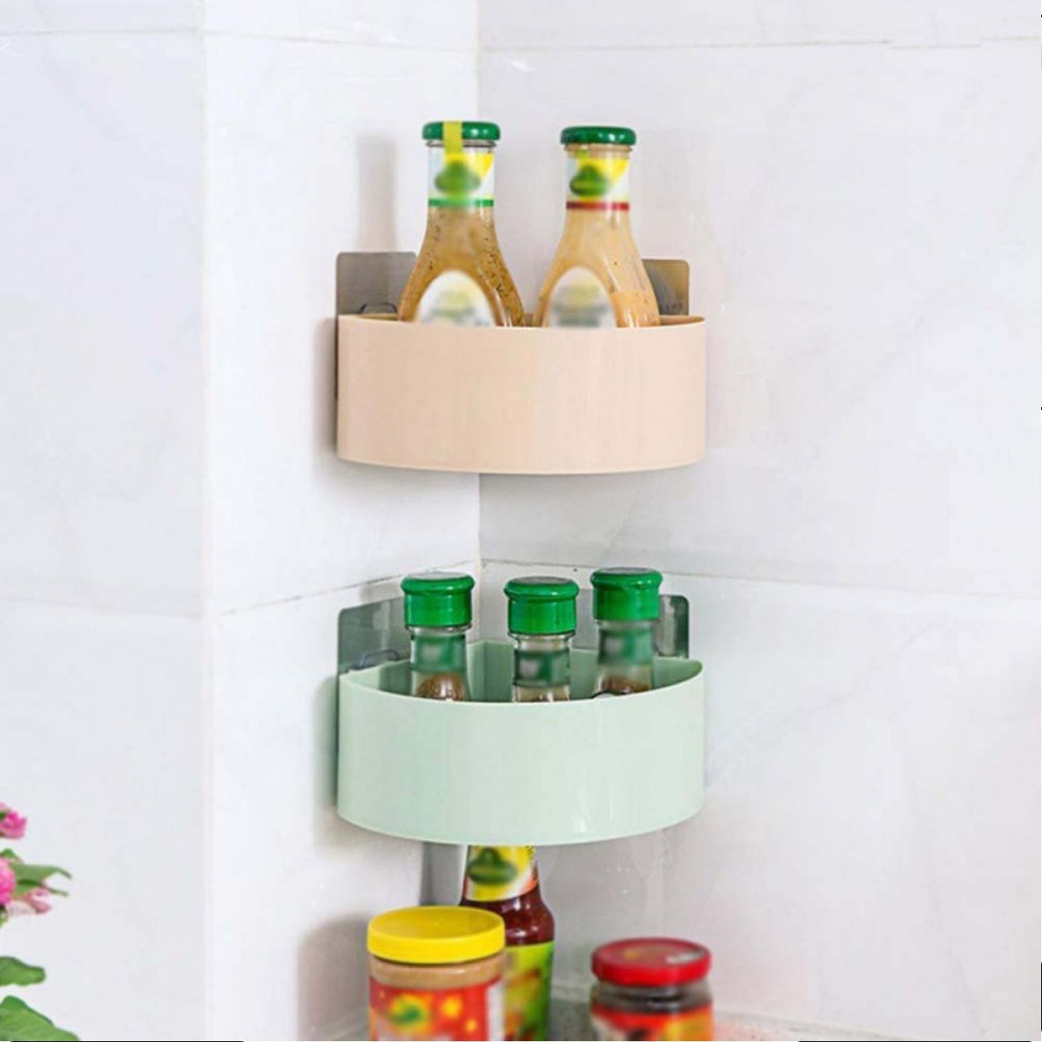 4033 Corner Shelf Bathroom Kitchen Rack Self Adhesive Shower Caddy Plastic Triangle Wall Mount Storage Basket DeoDap