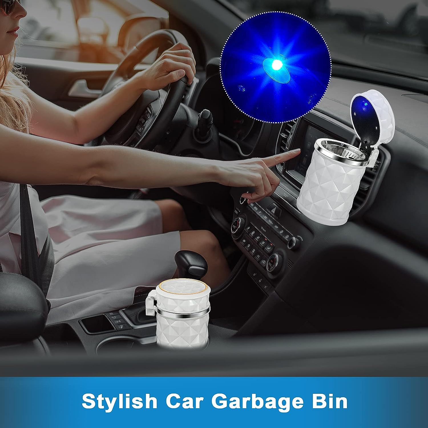 7932 Car Cupholder Travel Ashtray with Lid and LED Light, Portable with Blue LED Light Ideal Decorative Cigar Ash Bucket, Cigarette Ashtray, Car Waste Bin