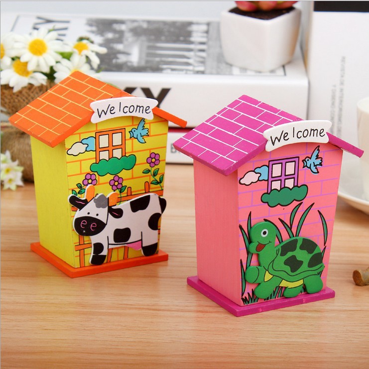 1663 Cute Cartoon House Shaped Lovely Wooden Piggy Bank Money Bank DeoDap