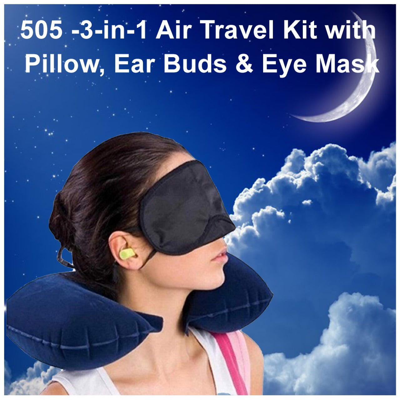 505 -3-in-1 Air Travel Kit with Pillow, Ear Buds & Eye Mask Smallb.store WITH BZ LOGO